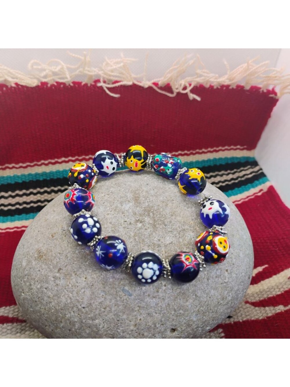 Handmade Lampwork Glass Bead Bracelet Cobalt Blue Yellow OOAK - Picture 8 of 9